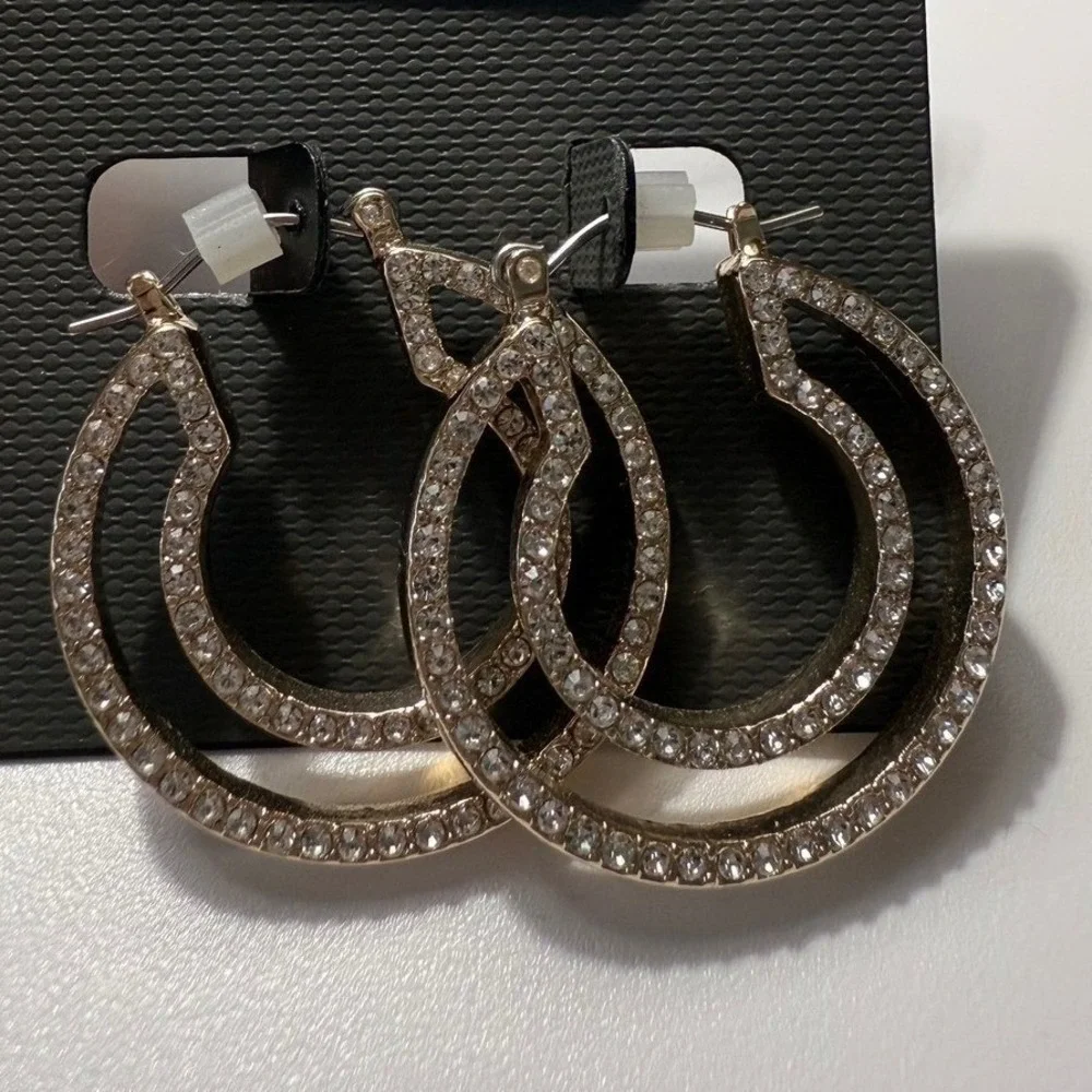 Vince Camuto Gold Tone Pave Crystal Double Hoop Earrings Womens Jewelry‎ New